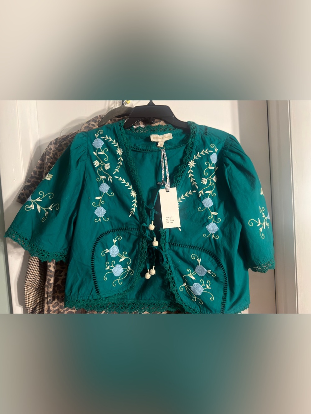 Embroidered Teal Cotton Cropped Jacket NWT